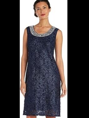 R&M Richards Ladies Navy Blue Sparkly Lace Dress Beaded Wedding Attire Sz 16